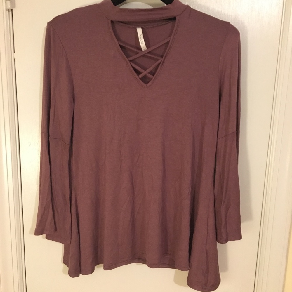 Women’s Long Bell Sleeve Cross Strap v-neck blouse